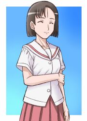  black_hair blouse bundou_seika closed_eyes commentary_request female fujii_satoshi kazekoshi_school_uniform saki_(manga) school_uniform shirt short_hair skirt solo 