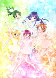  5girls ;d aoki_reika arm_up bad_id bad_pixiv_id blonde_hair blue_eyes blue_hair boots bow candy_(smile_precure!) chiririn creature eyelashes green_eyes green_hair hairband henshin high_ponytail hino_akane_(smile_precure!) hoshizora_miyuki long_hair midorikawa_nao multiple_girls one_eye_closed open_mouth pink_bow pink_eyes pink_hair ponytail precure red_eyes red_hair shoes short_hair smile smile_precure thighhighs white_hairband yayoi_kise yellow_eyes 