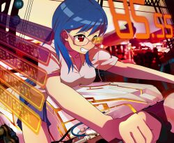  arcade arcade_cabinet bad_id bad_pixiv_id bee_(the-bee8607) blue_hair breasts countdown female glasses grin long_hair medium_breasts motor_vehicle motorcycle original photoshop_(medium) playing_games red_eyes smile 