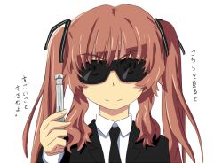  ano_natsu_de_matteru brown_eyes brown_hair commentary_request female formal long_hair men_in_black neuralyzer nguyen_van-hai parody solo suit sunglasses translated twintails yamano_remon 