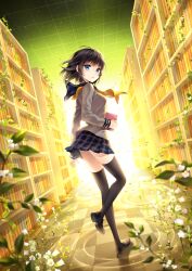  aqua_eyes black_hair black_thighhighs bookshelf checkered_floor closed_mouth commentary_request female flower from_side full_body highres legs long_legs looking_at_viewer looking_back miniskirt nardack photoshop_(medium) plant ripples room school_uniform shinonome_yuuko shinonome_yuuko_wa_tanpen_shousetsu_wo_aishiteiru skirt solo thighhighs vines 