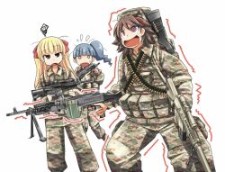  3girls @_@ ammunition_belt assault_rifle bag bipod blonde_hair brown_hair bullet commentary_request dual_wielding eotech fingerless_gloves fn_mag gloves gun h&amp;k_mp7 hair_ribbon heckler_&amp;_koch holding holding_gun holding_weapon load_bearing_vest m240 m4_carbine machine_gun mc_axis military military_uniform mossberg_500 multiple_girls o_o open_mouth original pump_action ribbon rifle ringed_eyes sakazaki_freddy scope short_hair shotgun side_ponytail sniper_rifle sr-25 submachine_gun sweat trembling trigger_discipline twintails uniform vertical_foregrip weapon white_background 