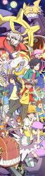  6+boys :d angel_wings armor backwards_hat bandana baseball_cap black_hair blonde_hair blue_eyes bokomon brown_hair cherubimon cherubimon_(vice) claws commentary_request digimon digimon_(creature) digimon_frontier digivice dynasmon everyone female flower frown gloves goggles goggles_on_headwear green_eyes hat head_wings highres himi_tomoki holding horns kanbara_maro kanbara_takuya kimura_kouichi long_hair long_sleeves lordknightmon lucemon lucemon_satan_mode minamoto_kouji monster multiple_boys multiple_moons neamon ofanimon open_mouth orimoto_izumi red_eyes rose seraphimon sharp_teeth shibayama_junpei short_hair smile star_(sky) susanoomon teeth trailmon trailmon_(worm) train unworn_hat unworn_headwear white_eyes wings yellow_eyes 