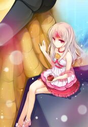  apple apple_(elsword) bad_id bad_pixiv_id bare_legs bare_shoulders code:_empress_(elsword) crossed_legs elsword eve_(elsword) female food forehead_jewel fruit full_body jewelry long_hair nairofu necklace pink_eyes red_apple shoes sitting skirt solo white_hair 