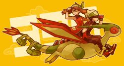  1boy bad_id bad_pixiv_id bandana brendan_(pokemon) brown_hair female fly_(pokemon) flygon flying glasses gloves green_bandana green_wings hat ikra_(katacoly) may_(pokemon) pokemon pokemon_(creature) pokemon_emerald pokemon_move pokemon_rse riding riding_pokemon wings yellow_background 