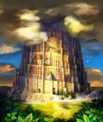  blue_sky cloud crescent_moon dusk fantasy fine_art_parody fog grimgrimoire leaf moon night night_sky no_humans official_art outdoors parody plant scenery sky tower tower_of_babel vanillaware 