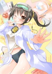  bad_id bad_pixiv_id black_hair boku_wa_tomodachi_ga_sukunai brown_eyes buruma female foreshortening glasses headphones lab_coat long_hair navel one_eye_closed shiguma_rika sodapop_(iemaki) solo 