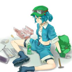  adjustable_wrench arm_support backpack bad_id bad_pixiv_id bag blue_eyes blue_hair blue_shorts boots commentary_request crop_top dango_ya female goggles hair_bobbles hair_ornament hammer kawashiro_nitori key mallet midriff navel open_fly pepsi pepsi_ice_cucumber product_placement screwdriver short_hair shorts sleeves_rolled_up smile solo toolbox tools touhou two_side_up unzipped wrench 