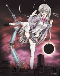  ahoge black_panties blush city commentary_request destruction eclipse female giant giantess green_eyes grey_hair haiyore!_nyaruko-san highres huge_ahoge kicking long_hair nyarlathotep_(nyaruko-san) panties school_uniform solar_eclipse solo sun thighhighs tokyo_skytree torajimaneko underwear white_thighhighs 