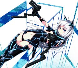  blue_eyes blush boots commentary_request dual_wielding dutch_angle extended_magazine female gloves gun hair_ornament handgun holding long_hair looking_at_viewer navel neon_trim nosuku original smile solo thigh_boots thighhighs weapon white_hair 