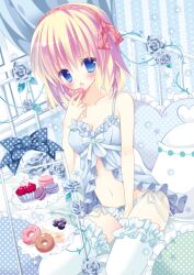  alice_margatroid babydoll bad_id bad_pixiv_id bare_shoulders bed bedroom between_legs blonde_hair blue_eyes blush breasts cleavage doughnut eating female flower food hairband hand_between_legs hashimo_yuki indoors macaron navel panties rose short_hair side-tie_panties small_breasts solo string_panties thighhighs tiered_tray touhou underwear underwear_only white_panties white_thighhighs 