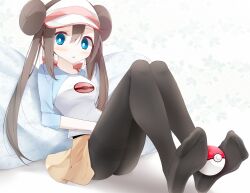  bad_id bad_pixiv_id black_pantyhose blue_eyes brown_hair double_bun doughnut_hair_bun feet female hair_bun hat highres legs long_hair no_shoes oouso pantyhose poke_ball poke_ball_(basic) pokemon pokemon_bw2 raglan_sleeves rosa_(pokemon) sitting skirt solo thighband_pantyhose twintails visor_cap 