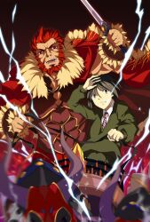  2boys armor bad_id bad_pixiv_id beard black_eyes black_hair brown_eyes brown_hair bull cape chariot electricity facial_hair fate/zero fate_(series) gordius_wheel_(fate) iskandar_(fate) male_focus masin0201 motion_blur multiple_boys red_eyes red_hair reins sword waver_velvet weapon 