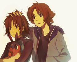  2boys bad_id bad_tumblr_id brown_hair diving_suit gen_5_pokemon hand_on_another&#039;s_head headwear_removed jacket kyouhei_(pokemon) lechuza long_sleeves looking_away messy_hair multiple_boys no_hat no_headwear open_clothes open_jacket open_mouth petting pokemon pokemon_(creature) pokemon_(game) pokemon_bw pokemon_bw2 scratching_head short_hair simple_background surprised sweat tepig touya_(pokemon) upper_body 