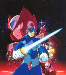  4boys alia_(mega_man) android bad_link black_headwear blonde_hair blue_headwear closed_mouth douglas_(mega_man) energy_sword female green_eyes hat headset helmet holding holding_sword holding_weapon mega_man_(series) mega_man_x6 mega_man_x_(series) military_hat multiple_boys official_art open_mouth red_headwear robot sensei_haruki_suetsugu signas_(mega_man) sky standing star_(sky) starry_sky sword teeth upper_teeth_only weapon x_(mega_man) zero_(mega_man) 