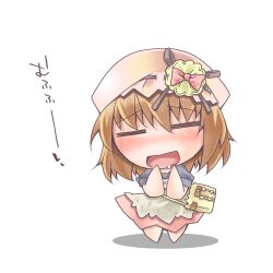  :d =_= bag blush brown_hair chibi closed_eyes commentary_request female hand_to_own_mouth hat hat_ribbon idolmaster idolmaster_cinderella_girls mimura_kanako nyagakiya open_mouth photoshop_(medium) ribbon saliva simple_background smile solo translated white_background 