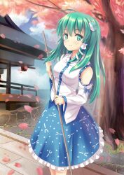  absurdres aqua_eyes aqua_hair bad_id bad_pixiv_id bamboo_broom bare_shoulders broom detached_sleeves female frog_hair_ornament hair_ornament hair_tubes highres kochiya_sanae long_hair looking_at_viewer petals skirt smile snake solo touhou zi_se 