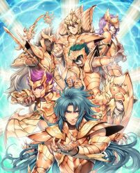  6+boys armor chrysaor_krishna commentary_request dark-skinned_male dark_skin enmto full_armor gemini_kanon gold_armor gold_saint green_hair hippocampus_baian kraken_isaac long_hair lymnades_kasa male_focus mohawk multiple_boys pink_hair polearm purple_hair saint_seiya scylla_eo sorrento spear weapon 