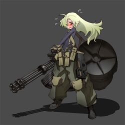  ahoge blush bullpup commentary_request copyright_request covered_navel drum_magazine female gatling_gun gloves gun gun_sling inata_wataru knee_pads m134_minigun magazine_(weapon) military military_uniform p90 photoshop_(medium) shadow solo submachine_gun sweatdrop uniform weapon 