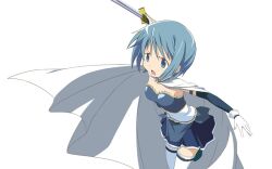  banned_artist blue_eyes blue_hair cape mahou_shoujo_madoka_magica miki_sayaka moritan open_mouth short_hair skirt solo sword thighhighs weapon white_legwear 