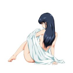  arm_support barefoot bed_sheet black_eyes black_hair blush breasts female fujiwara_aya full_body hairu long_hair long_legs looking_back medium_breasts mouth_hold nude profile see-through simple_background solo super_real_mahjong white_background 