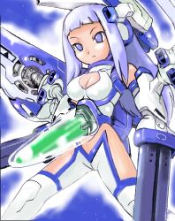  blue_eyes blue_hair breasts cleavage cleavage_cutout clothing_cutout cockpit commentary_request female impossible_clothes large_breasts long_hair lowres mecha_musume no_pupils personification rvr-01_gauntlet sidelocks solo t2 thighhighs thunder_force 