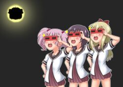  3girls :d ahoge akaza_akari anison black_hair blonde_hair bow commentary_request double_bun eclipse funami_yui glasses hair_bobbles hair_bun hair_ornament hairbow hand_on_own_hip multiple_girls nanamori_school_uniform open_mouth pink_hair school_uniform serafuku single_hair_bun smile solar_eclipse sun toshinou_kyouko twintails yoshikawa_chinatsu yuru_yuri 