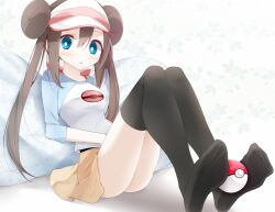  alternate_legwear bad_id bad_pixiv_id black_thighhighs blue_eyes brown_hair double_bun doughnut_hair_bun feet female hair_bun hat highres legs long_hair no_shoes oouso poke_ball poke_ball_(basic) pokemon pokemon_bw2 raglan_sleeves rosa_(pokemon) sitting skirt solo thighhighs twintails visor_cap 