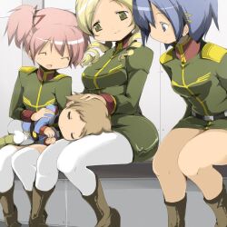  3girls bad_id bad_pixiv_id blonde_hair brother_and_sister grey_eyes grey_hair gundam kaname_madoka kaname_tatsuya lap_pillow lolicon mahou_shoujo_madoka_magica mahou_shoujo_madoka_magica_(anime) miki_sayaka mobile_suit_gundam multiple_girls name_john pantyhose pink_hair siblings sleeping thighhighs tomoe_mami uniform white_legwear yellow_eyes zeon 