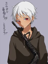  1boy commentary_request gun hood hoodie johnathan_mar jormungand_(manga) male_focus mataro_(matarou) red_eyes rifle simple_background solo weapon white_hair 