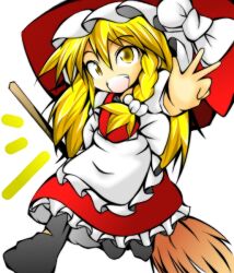  alternate_color blonde_hair braid broom chibi commentary_request efunosan female hat kirisame_marisa long_hair open_mouth player_2 single_braid smile solo touhou v witch_hat yellow_eyes 