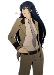  aged_up belt blue_eyes blue_hair breasts female formal hand_on_own_hip hanpetos long_hair looking_at_viewer necktie pants persona persona_4 persona_x_detective serious shirogane_naoto small_breasts solo standing suit text_focus 