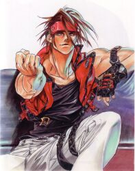  1boy arc_system_works brown_hair clenched_hand couch fist guilty_gear guilty_gear_x guilty_gear_xx headband highres ishiwatari_daisuke male male_focus sitting sol_badguy solo yellow_eyes 