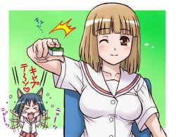  &gt;_&lt; 2girls animal_ears blush_stickers brown_eyes brown_hair cat_ears closed_eyes commentary_request fujii_satoshi fukuji_mihoko holding holding_mahjong_tile ikeda_kana kazekoshi_school_uniform mahjong mahjong_tile multiple_girls one_eye_closed saki_(manga) school_uniform short_hair 