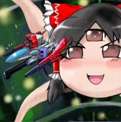  black_hair blush_stickers brown_eyes commentary_request crossover extra_eyes fire_leo-05p_syrinx hair_tubes hakurei_reimu lowres no_humans spacecraft starfighter t2 thunder_force touhou yukkuri_shiteitte_ne 