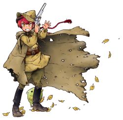  autumn_leaves boots braid cape commentary_request female full_body grin gun gymnastiorka handgun hat hayami_rasenjin horns kutsuzure_sensen military military_uniform orange_eyes red_hair red_star revolver single_horn smile smith_&amp;_wesson_model_3 solo soviet star_(symbol) twin_braids uniform vasilisa_prekrasnaya_medvedeva weapon white_background world_war_ii 