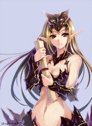  bare_shoulders blonde_hair blood_elf_(warcraft) breasts chinese_commentary cleavage commentary_request elf female green_eyes long_hair navel player_character_(wow) pointy_ears scroll simple_background small_breasts smile solo tears warcraft wide_hips windforcelan world_of_warcraft 