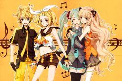  1boy 3girls animal_ears aqua_hair ascot bare_shoulders belt black_legwear blonde_hair blue_eyes bow closed_eyes closed_eyes crop_top fake_animal_ears gloves hairbow hatsune_miku headset hug joanna_(mojo!) kagamine_len kagamine_rin koi_wa_sensou_(vocaloid) long_hair looking_at_viewer midriff miniskirt multiple_girls musical_note necktie note open_mouth pants petite seeu shirt short_hair short_pants short_shorts shorts signature skirt sleeves_past_wrists smile staff_(music) standing thighhighs treble_clef treble_cleff very_long_hair vocaloid watermark white_legwear yellow_background zettai_ryouiki 