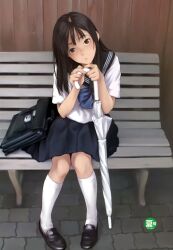  absurdres bag bench black_eyes black_footwear black_hair black_sailor_collar black_skirt blue_bow bow briefcase closed_mouth closed_umbrella female full_body furigana head_tilt highres kamo_(gafas) kneehighs knees_together_feet_apart loafers long_hair looking_at_viewer on_bench original pavement photoshop_(medium) pleated_skirt sailor_collar sanpaku school_briefcase school_uniform serafuku shirt shoes short_sleeves sitting skirt socks solo summer_uniform translated umbrella white_shirt white_socks white_umbrella 