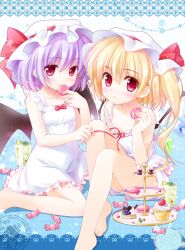  2girls barefoot bat_wings blonde_hair bow candy commentary_request cupcake dress drink drinking_straw flandre_scarlet food hat hat_ribbon holding looking_at_viewer macaron mouth_hold multiple_girls purple_hair red_eyes remilia_scarlet ribbon sasai_saji siblings side_ponytail sisters sitting strap_slip sweets tiered_tray touhou wariza wings 