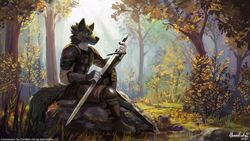  16:9 2021 4_toes 5_fingers anthro armor black_body black_fur black_nose canid canine canis clothed clothing corwolf day detailed_background digital_media_(artwork) ears_up feet fingers forest fur grass green_eyes hair happy hi_res holding_melee_weapon holding_object holding_sword holding_weapon male mammal melee_weapon nature one_eye_closed outside paws plant rock sitting smile solo sword tail_down teeth thanshuhai toes tree weapon white_body white_fur widescreen wolf 