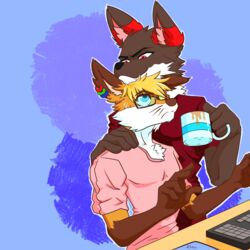  1:1 absurd_res anthro blue_eyes canid canine canis clothed clothing coffee_cup coffee_mug colored container cup desk digital_media_(artwork) digital_painting_(artwork) ditzz duo ear_piercing ear_ring eyewear fox fur furniture glasses grin hi_res hug keyboard male male/male mammal mousepad multicolored_body multicolored_fur naughty_intentions nervous nervous_sweat pattern_background piercing red_eyes ring_piercing simple_background smile table wolf 