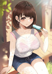  absurdres bare_arms bare_shoulders bikini bikini_top_only bikini_under_clothes blue_shorts blurry blurry_foreground bob_cut breasts brown_eyes brown_hair cleavage collarbone dolphin_shorts dripping enma_daio female foliage food from_above highres large_breasts light_blush looking_at_viewer medium_hair mole mole_under_eye original outdoors pink_bikini popsicle see-through shade shirt short_shorts shorts sitting smile solo strap_slip summer sweat sweaty_clothes swept_bangs swimsuit tank_top thick_eyelashes wet wet_clothes wet_shirt white_shirt 