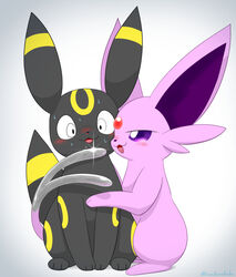  3_toes ambiguous_gender big_ears black_body black_ears black_fur black_nose black_tail blush bodily_fluids canid cheek_tuft colored constricted_pupils digital_media_(artwork) duo ear_markings eeveelution espeon facial_markings facial_tuft feet felid feline feral forehead_gem forehead_markings forked_tail front_view full-length_portrait fur gem generation_2_pokemon grey_tail head_markings hi_res iron_tail kemono kenikenikeke leg_markings looking_at_another mammal markings metal_tail monotone_body monotone_fur multicolored_body multicolored_ears multicolored_fur multicolored_tail nervous nervous_smile nintendo no_sclera open_mouth open_smile paws pink_body pink_ears pink_fur pink_tail pokemon pokemon_(species) pokemon_move portrait pupils purple_eyes purple_inner_ear quadruped ring_(marking) ringed_tail simple_background sitting small_pupils smile striped_markings striped_tail stripes sweat sweatdrop tail tail_coil tail_markings toes tuft two_tone_body two_tone_ears two_tone_fur two_tone_tail umbreon unusual_anatomy unusual_tail white_background white_pupils yellow_body yellow_ears yellow_fur yellow_markings yellow_tail 