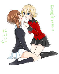  2girls black_skirt black_socks blonde_hair blue_eyes blue_jacket blush braid braided_bun brown_hair closed_eyes commentary_request darjeeling_(girls_und_panzer) full_body girls_und_panzer hair_bun heart holding_bandaid jacket kneeling long_sleeves looking_at_another military military_uniform miniskirt multiple_girls nishizumi_miho no_shoes ooarai_military_uniform open_mouth pleated_skirt red_jacket rurikoke scratches short_hair sitting skirt smile socks st._gloriana&#039;s_military_uniform translated uniform wariza white_skirt yuri 