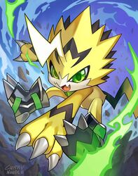  blue_background claws commentary currynoodle_art debris digimon digimon_(creature) energy english_commentary green_eyes highres lightning_bolt_symbol looking_at_viewer no_humans oerba_yun_fang open_mouth pulsemon signature solo tail yellow_fur 