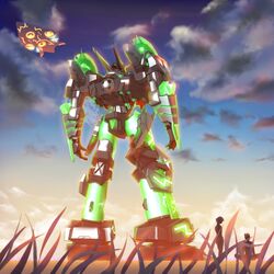  1boy commentary_request female grass kaminagi_ryouko mecha outdoors robot satou_hidemi sky sogoru_kyou zegapain zegapain_altair 