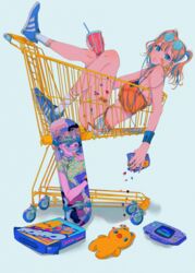  bandaid bandaid_on_face blue_background blue_eyes blue_footwear blue_nails brown_hair candy commentary crop_top cup digital_media_player dolphin_shorts drinking_straw earbuds earphones earrings english_commentary eyewear_on_head female food from_side game_boy_advance handheld_game_console highres holding holding_cup in_shopping_cart jewelry m&amp;m&#039;s micro_shorts najuco_(naju0517) nintendo original puckered_lips shoes shopping_cart short_sleeves shorts sitting skateboard socks solo spilling sticker sticker_on_leg stuffed_animal stuffed_toy sunglasses sweatband teddy_bear twintails white_socks 