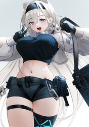  :d animal_ears arknights aurora_(arknights) aurora_(elite_ii)_(arknights) bear_ears black_gloves black_hairband black_shirt black_shorts blue_eyes breasts commentary cowboy_shot crop_top female gloves gradient_background grey_background hair_between_eyes hairband highres large_breasts long_hair long_sleeves looking_at_viewer midriff naisewow navel open_mouth pouch shirt short_shorts shorts shrug_(clothing) smile solo standing stomach thigh_strap thighs very_long_hair white_background white_hair 