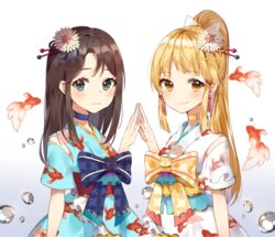  2girls alternate_hairstyle animal_print bang_dream! black_eyes black_hair blonde_hair blue_choker blush bow choker churi_(oxxchurixxo) commentary_request earrings fish fish_print flower goldfish goldfish_print hair_flower hair_ornament hair_stick hairbow highres japanese_clothes jewelry kimono long_hair looking_at_viewer multiple_girls obi okusawa_misaki ponytail sash shippou_(pattern) short_sleeves smile steepled_fingers tassel tassel_earrings tsurumaki_kokoro upper_body water_drop yellow_choker yellow_eyes 